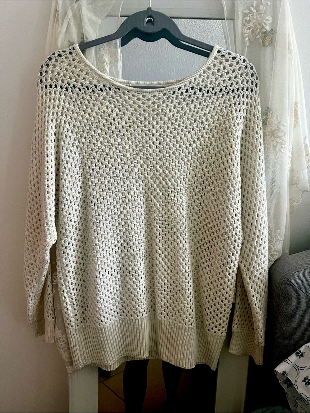 Open-Weave Scoop Neck Sweater in Cream